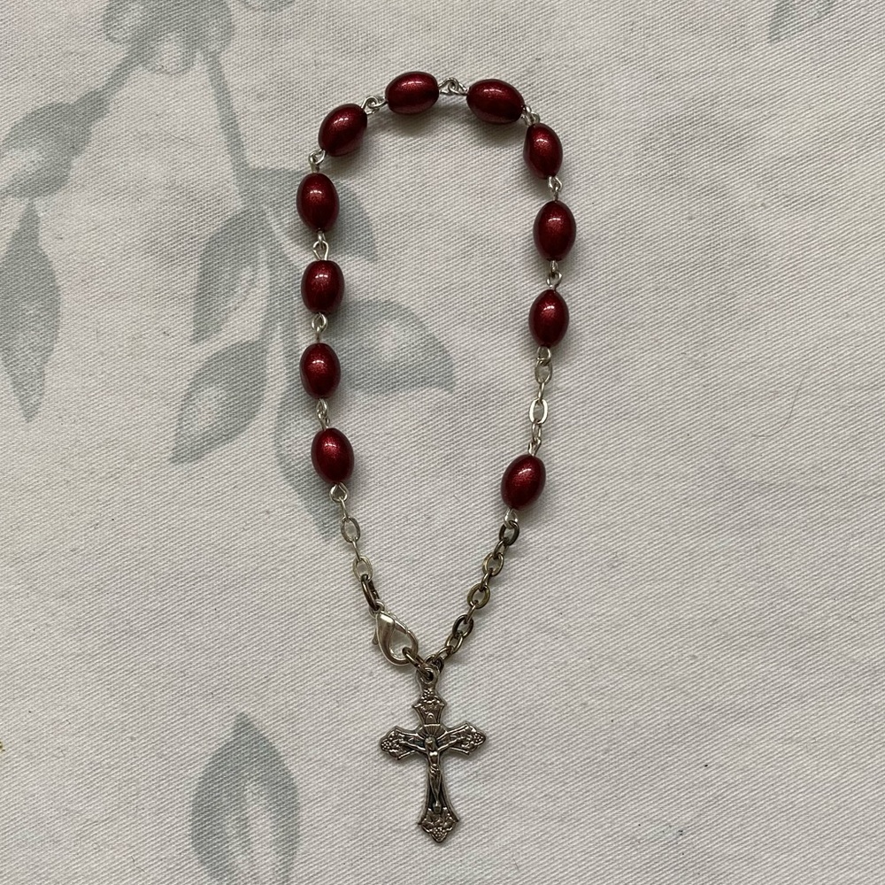 Maroon & Silver Rosary Bead Bracelet